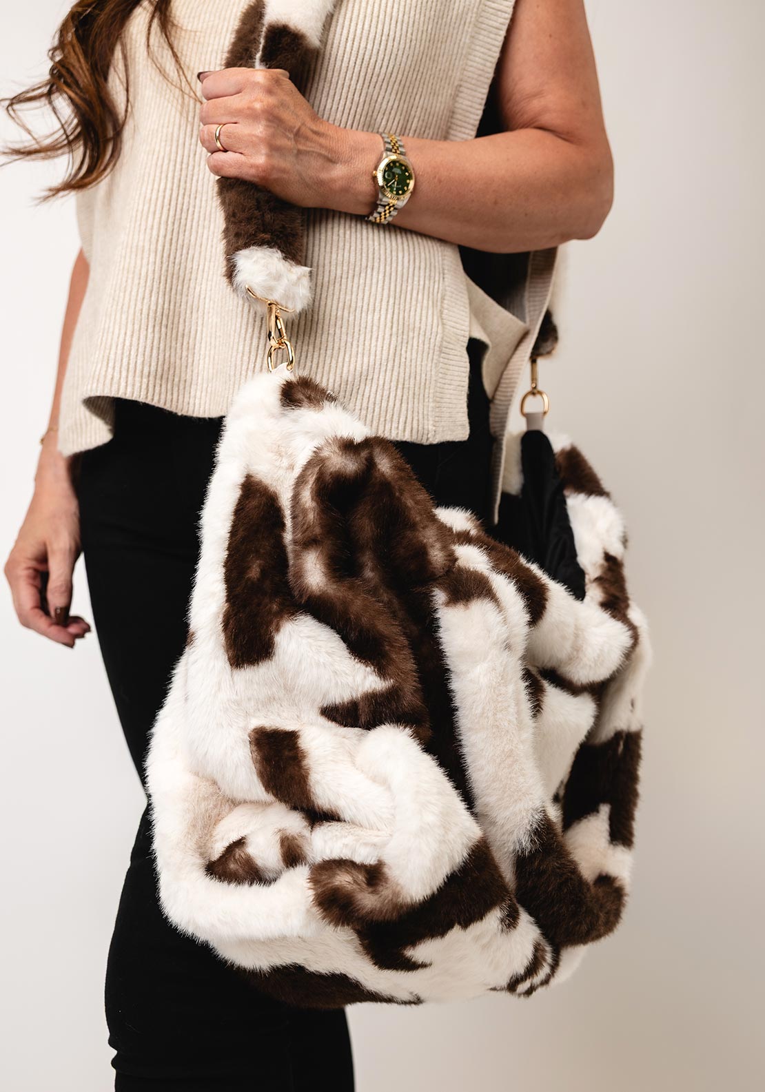 Zen Collection Faux Fur Cow Print Tote Bag, Brown and White
