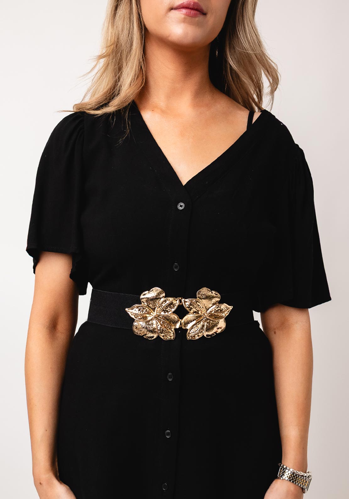 Serafina Collection Elasticated Flower Buckle Belt, Black