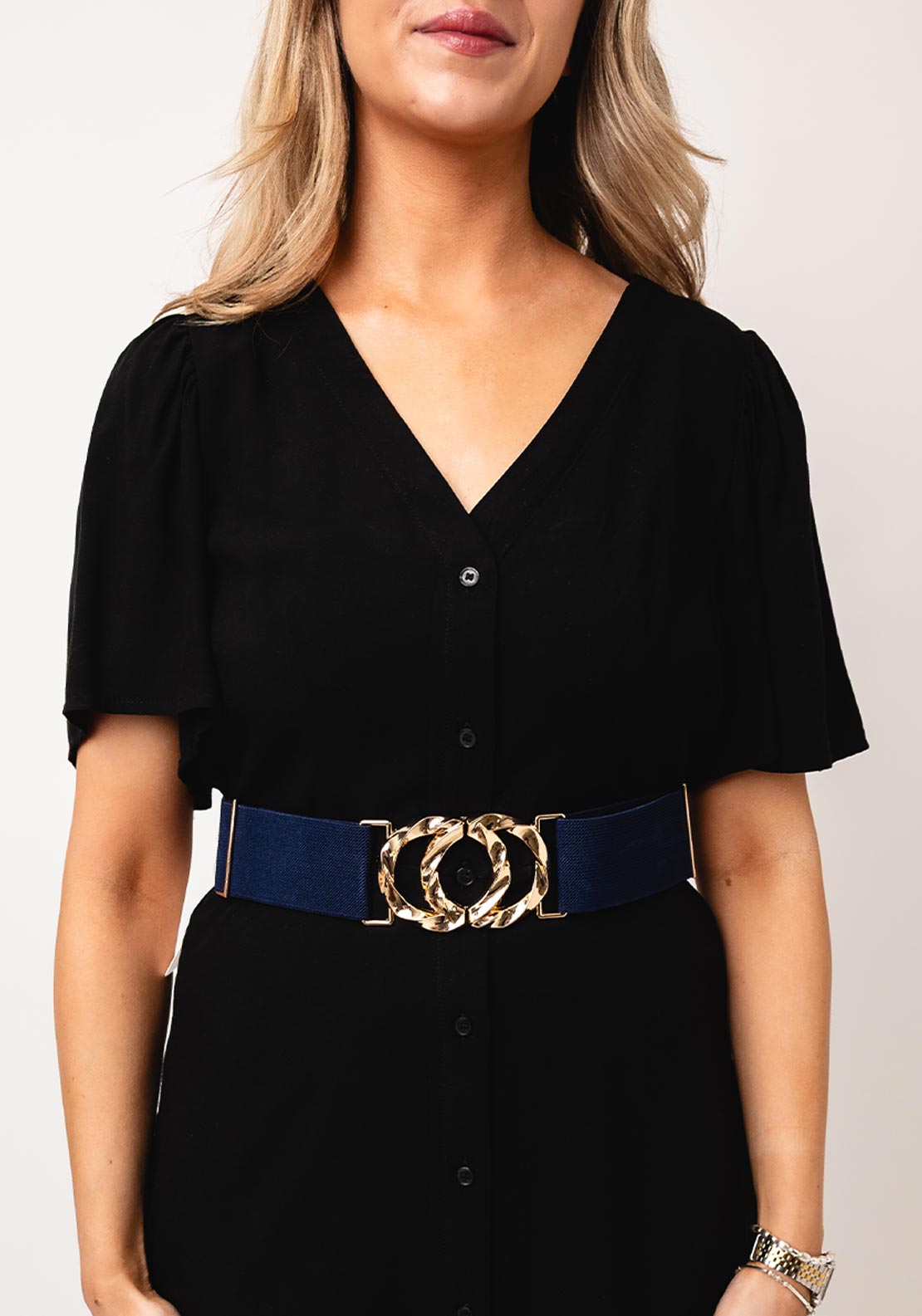 Serafina Collection Elasticated Circular Buckle Belt, Navy