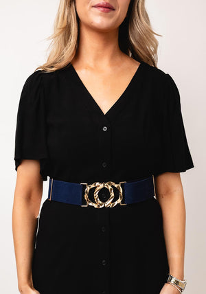 Serafina Collection Elasticated Circular Buckle Belt, Navy