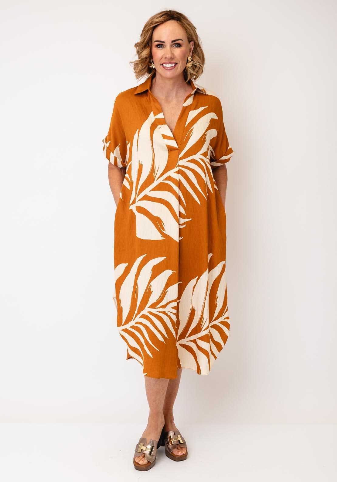 Serafina Collection Midi Leaf Print Dress, Orange