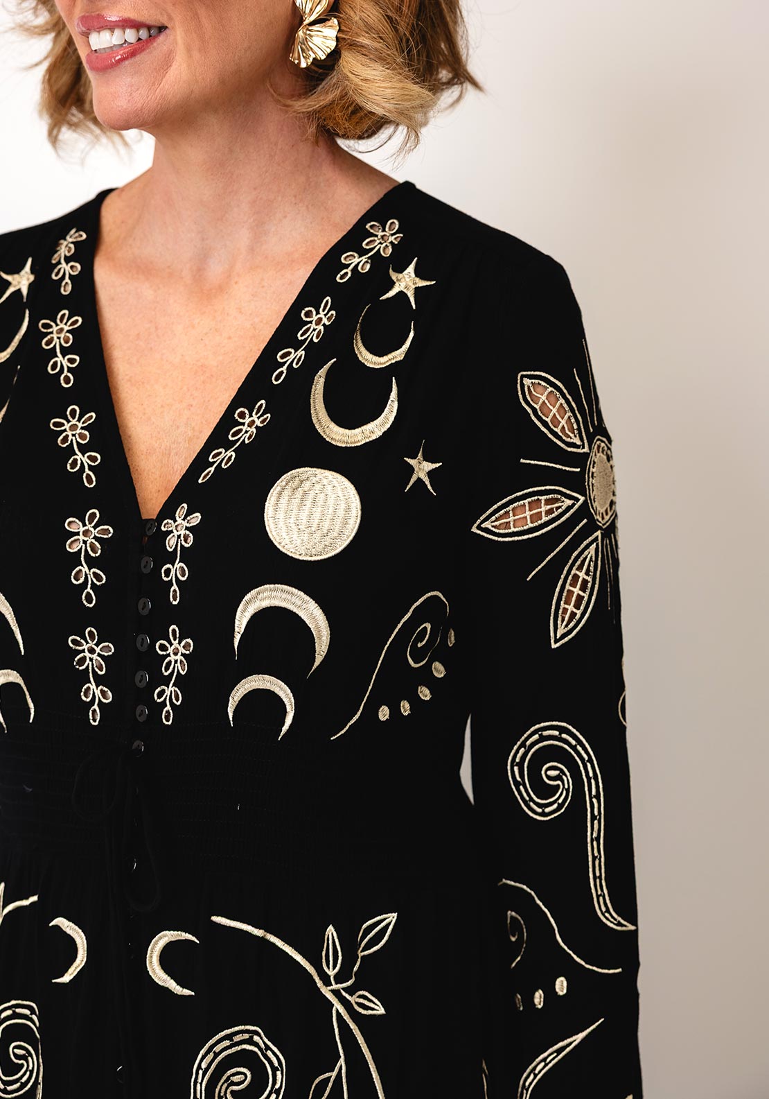 Serafina Embroidered Button Down Midi Dress, Black