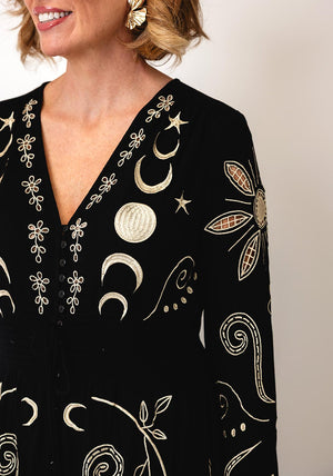 Serafina Embroidered Button Down Midi Dress, Black