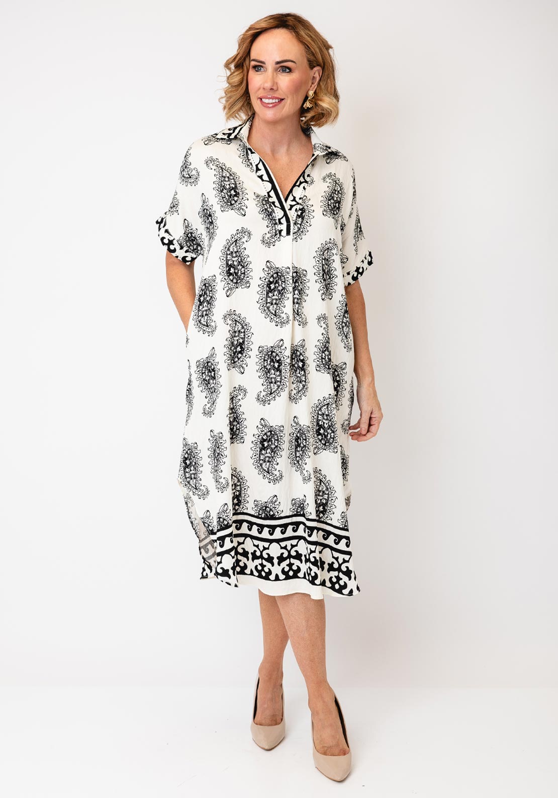 Serafina Collection Paisley Print Low Neck Midi Dress, Black