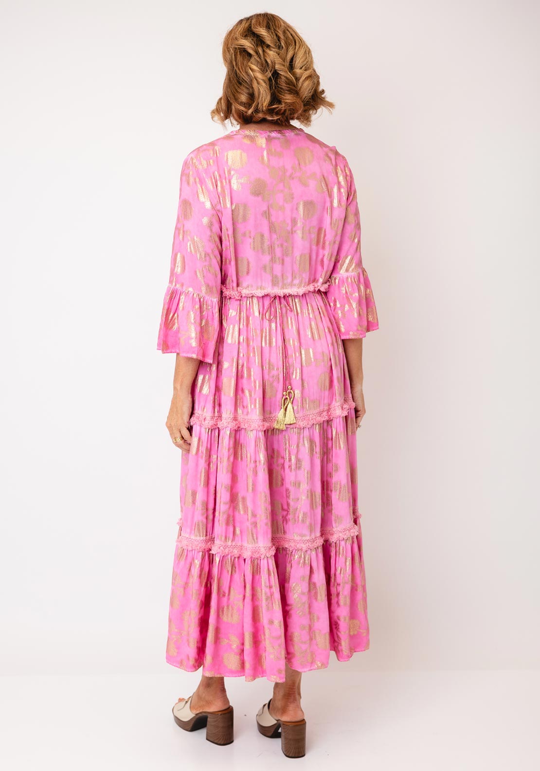 Serafina Metallic and Tassel Detail Maxi Dress, Pink