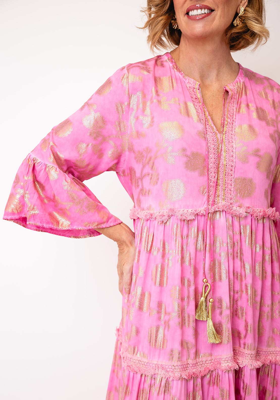 Serafina Metallic and Tassel Detail Maxi Dress, Pink