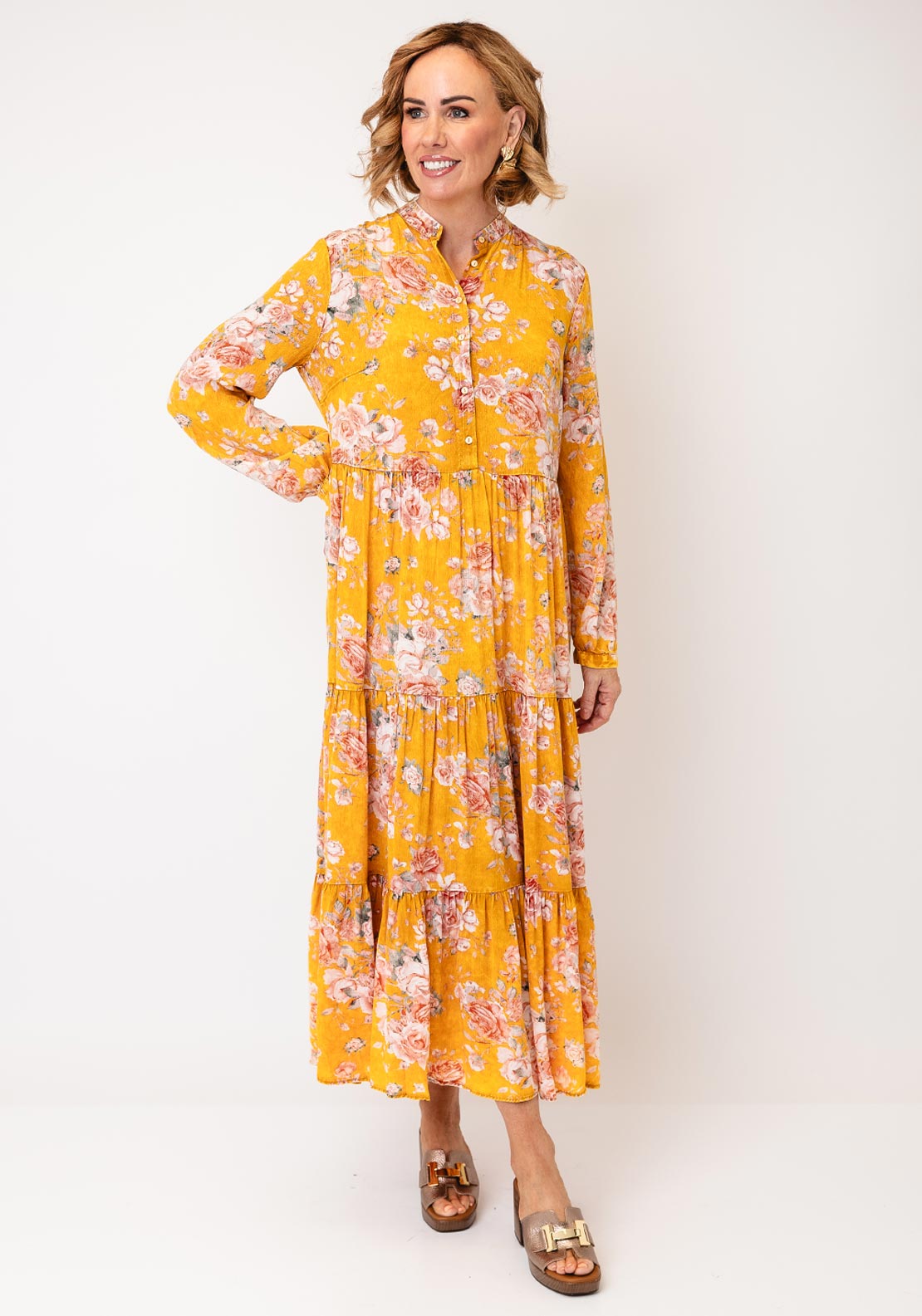 Serafina Collection Tiered Floral Midi Dress, Yellow
