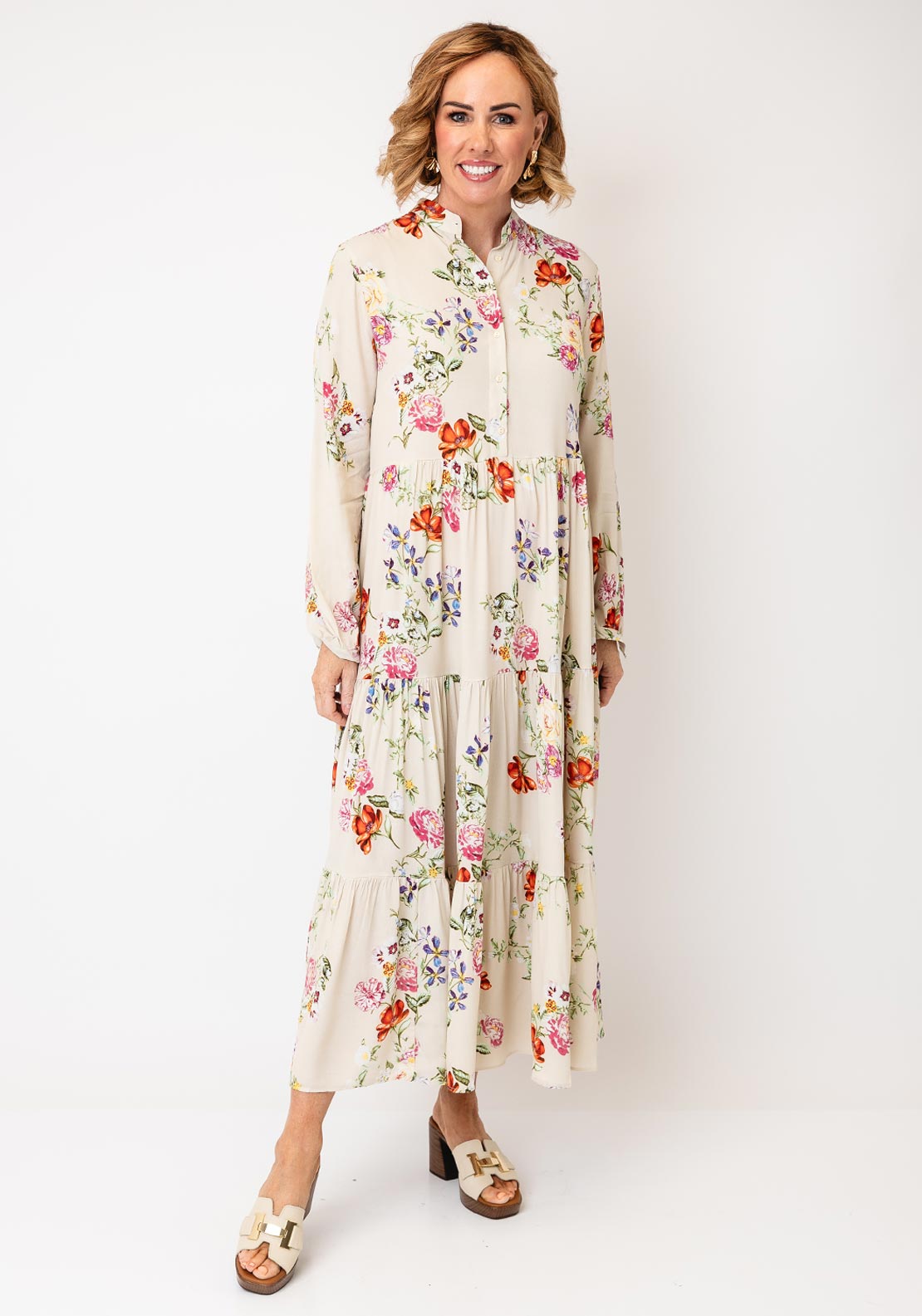 Serafina Button Down Floral Print Midi Dress, Taupe Multi