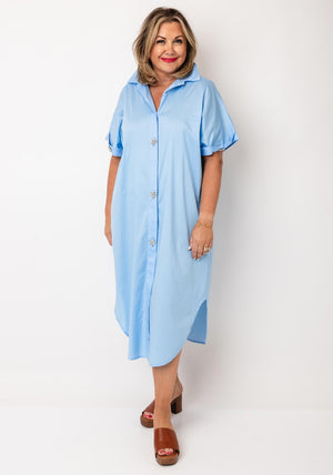 Serafina Collection One Size Diamante Button Shirt Dress, Blue