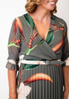 Serafina Collection One Size Floral V Neck Belted Dress, Khaki Green