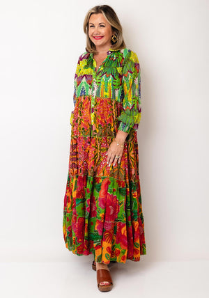 Serafina Collection One Size Tiered Floral Shirt Dress, Green Multi