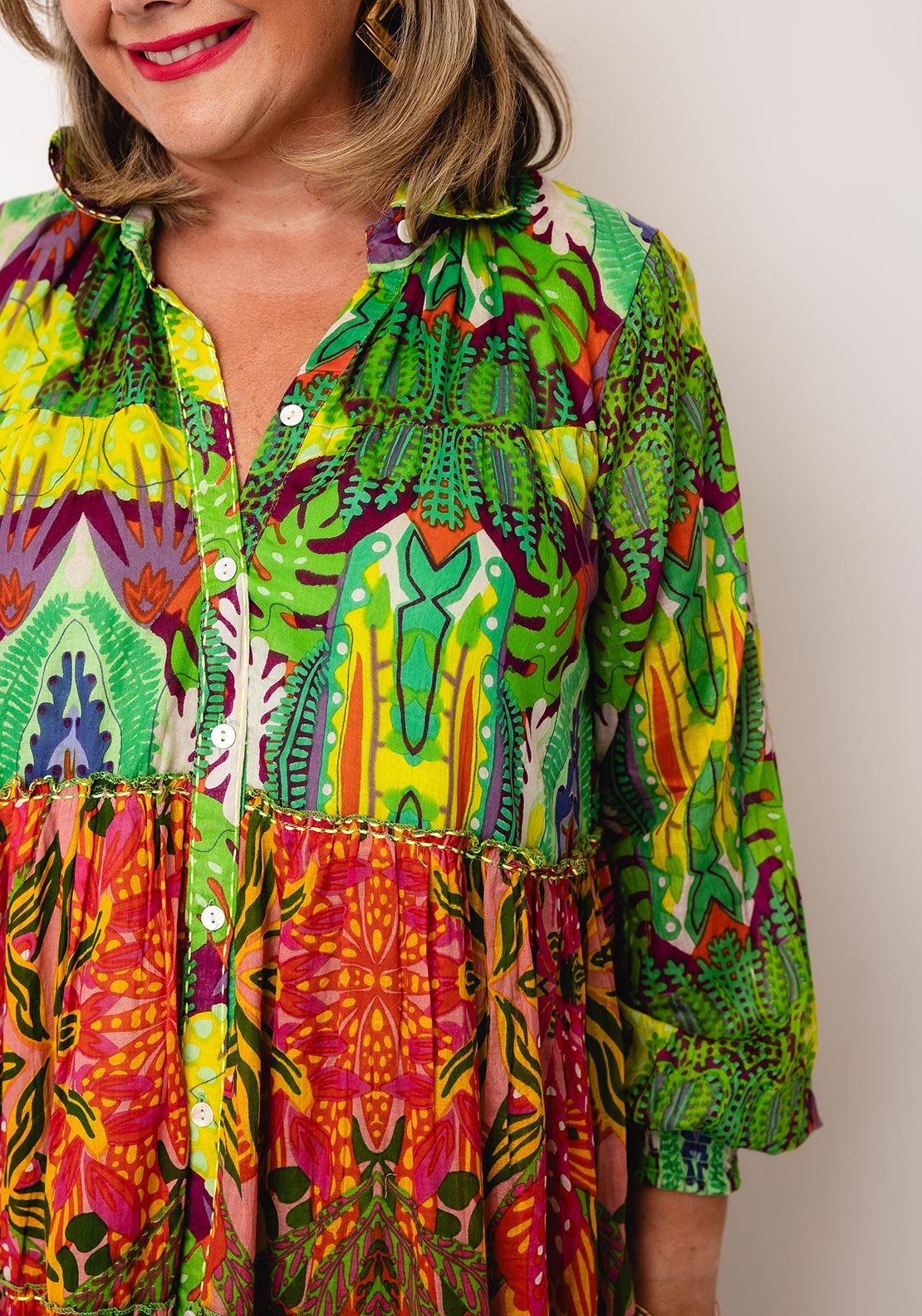 Serafina Collection One Size Tiered Floral Shirt Dress, Green Multi