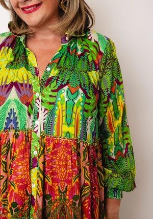 Serafina Collection One Size Tiered Floral Shirt Dress, Green Multi