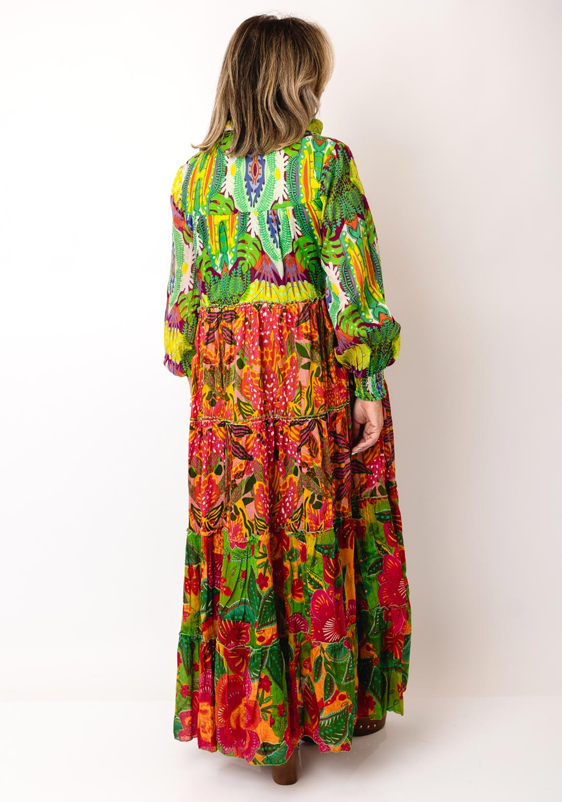 Serafina Collection One Size Tiered Floral Shirt Dress, Green Multi