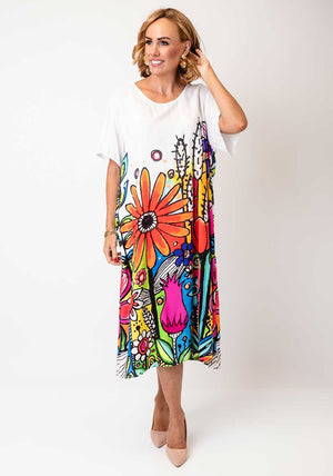Serafina Collection One Size Vibrant Floral Print T-Shirt Dress, White Multi