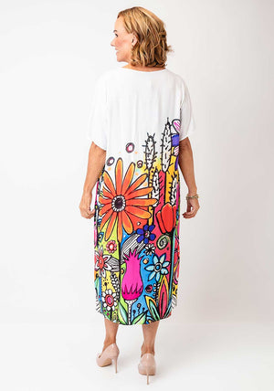 Serafina Collection One Size Vibrant Floral Print T-Shirt Dress, White Multi