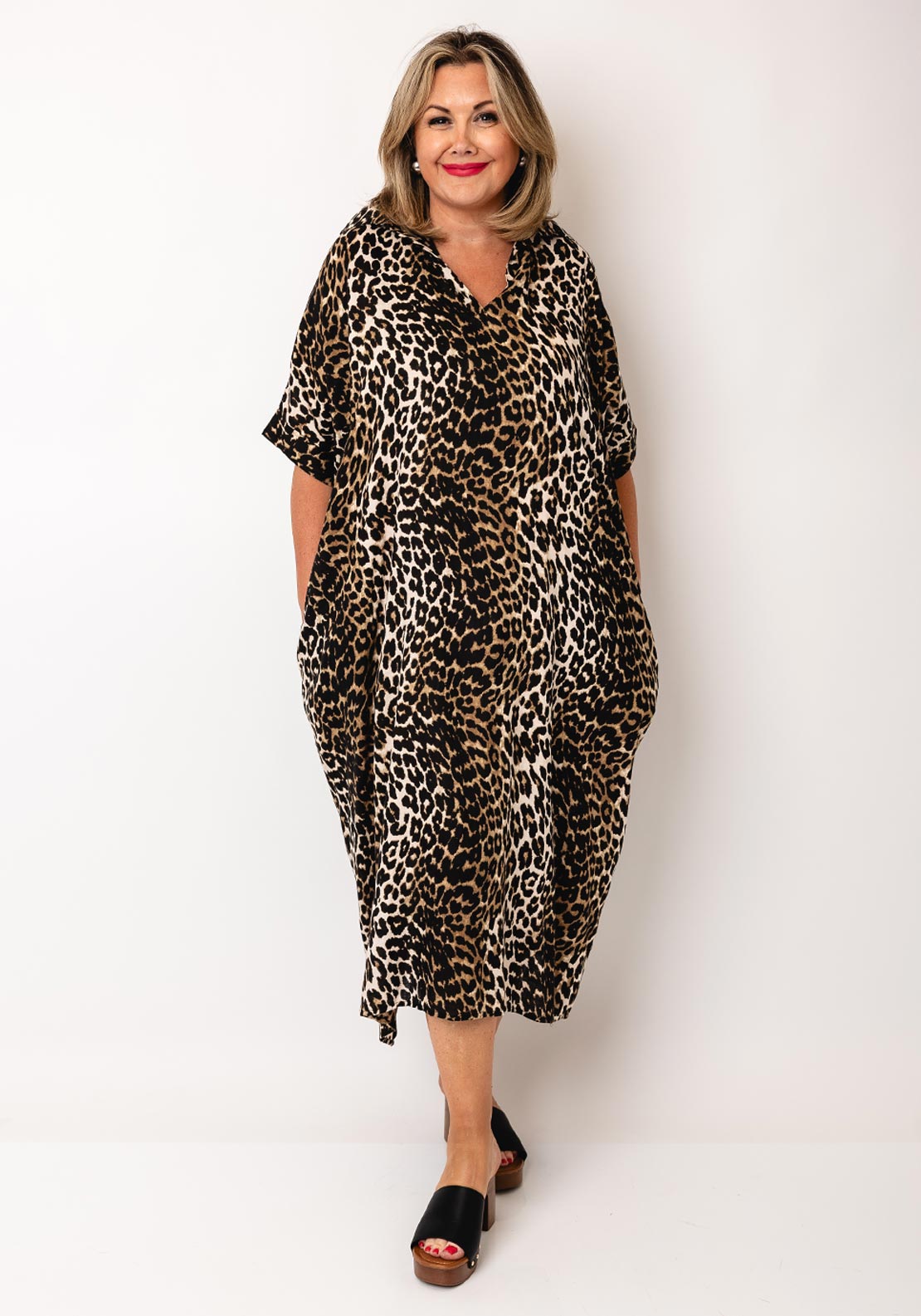 Serafina Collection One Size Leopard Beaded Back Dress, Brown