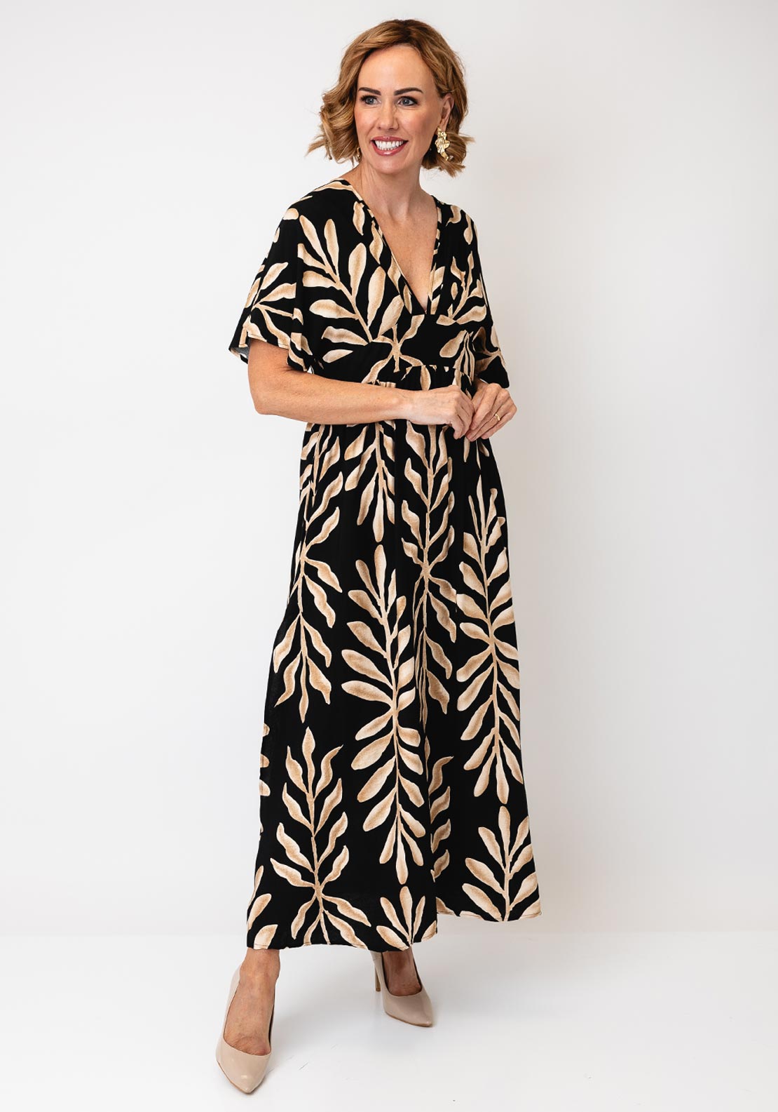 Serafina Collection Leaf Print Maxi Dress, Black