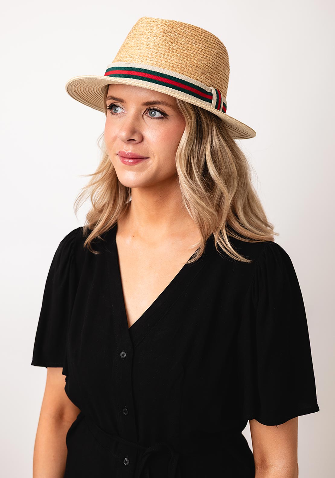 Serafina Collection Woven Stripe Trim Fedora Hat, Beige