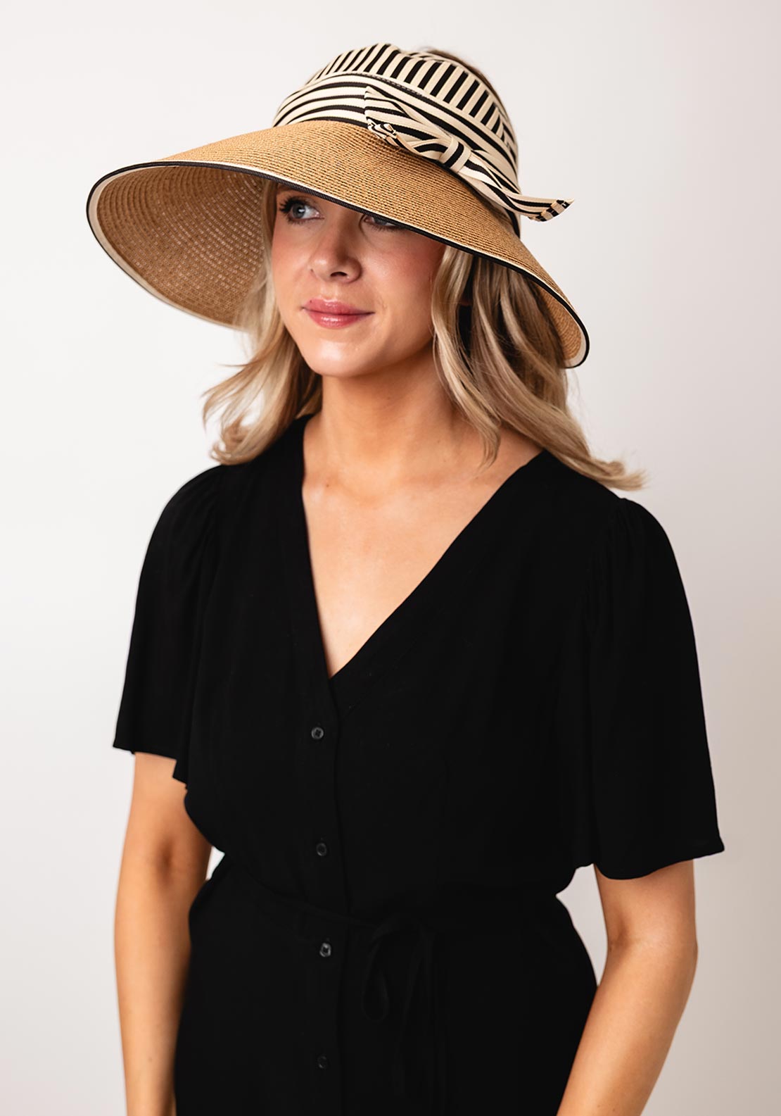 Serafina Collection Stripe Trim Woven Sun Visor, Tan