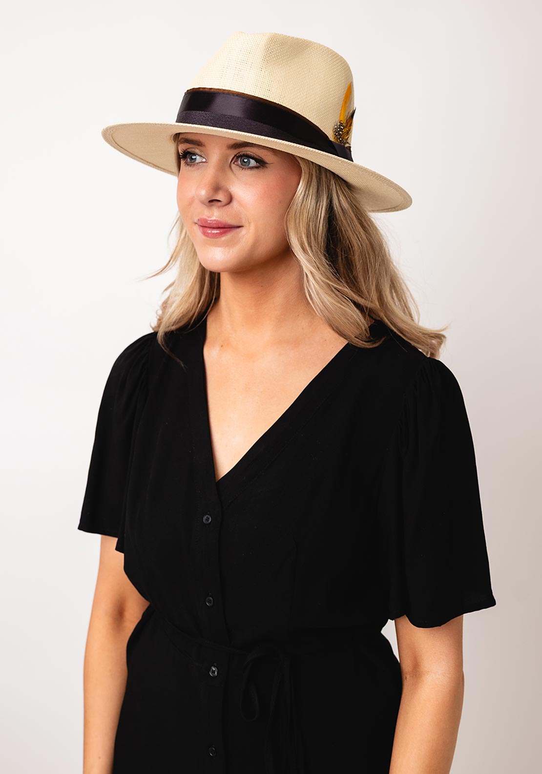 Serafina Collection Feather Trim Fedora Hat, Beige