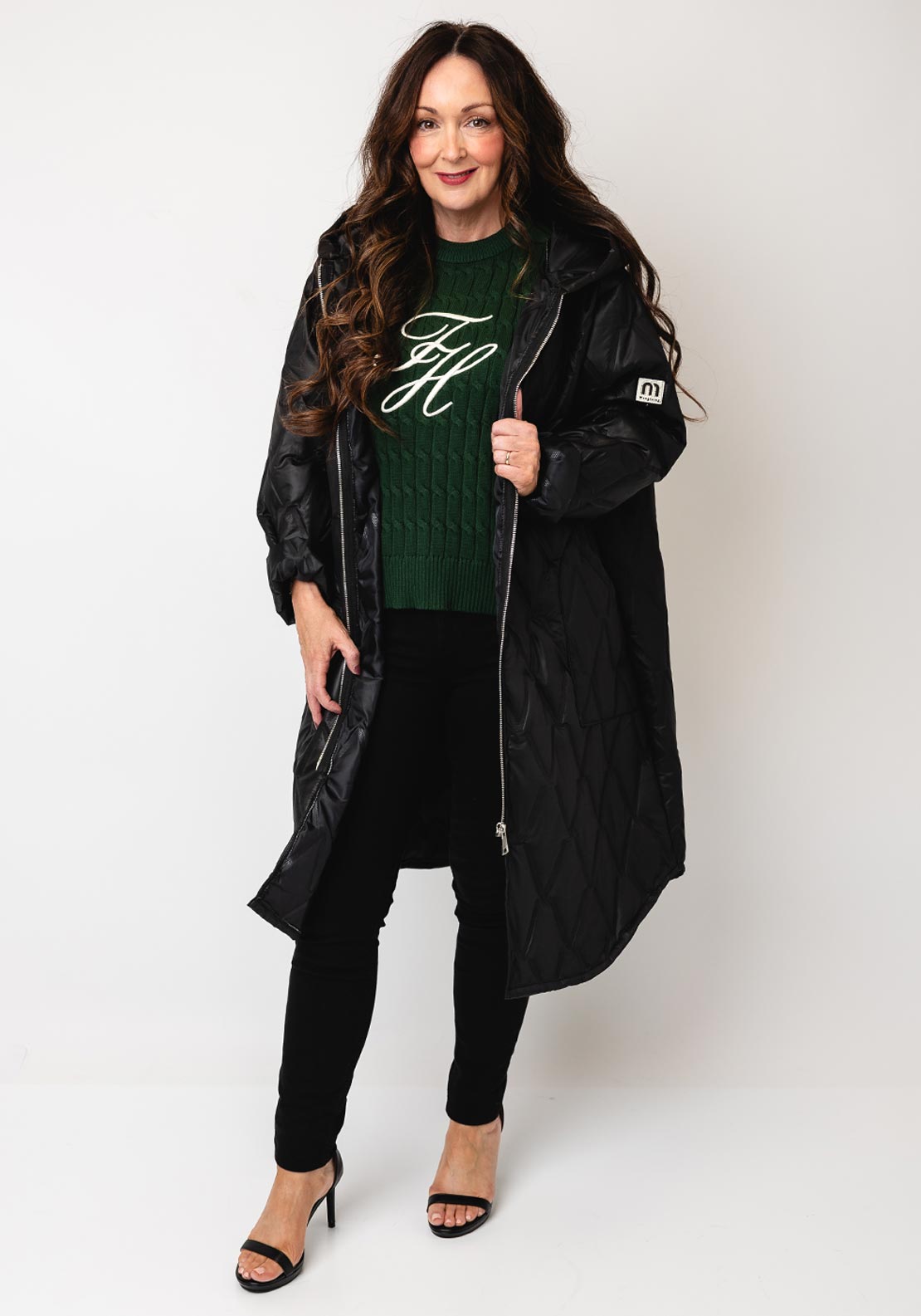 Serafina Collection One Size Embossed Hooded Coat, Black
