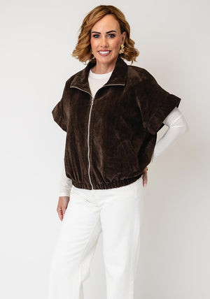Serafina Collection Capped Sleeve Bubble Hem Jacket, Brown
