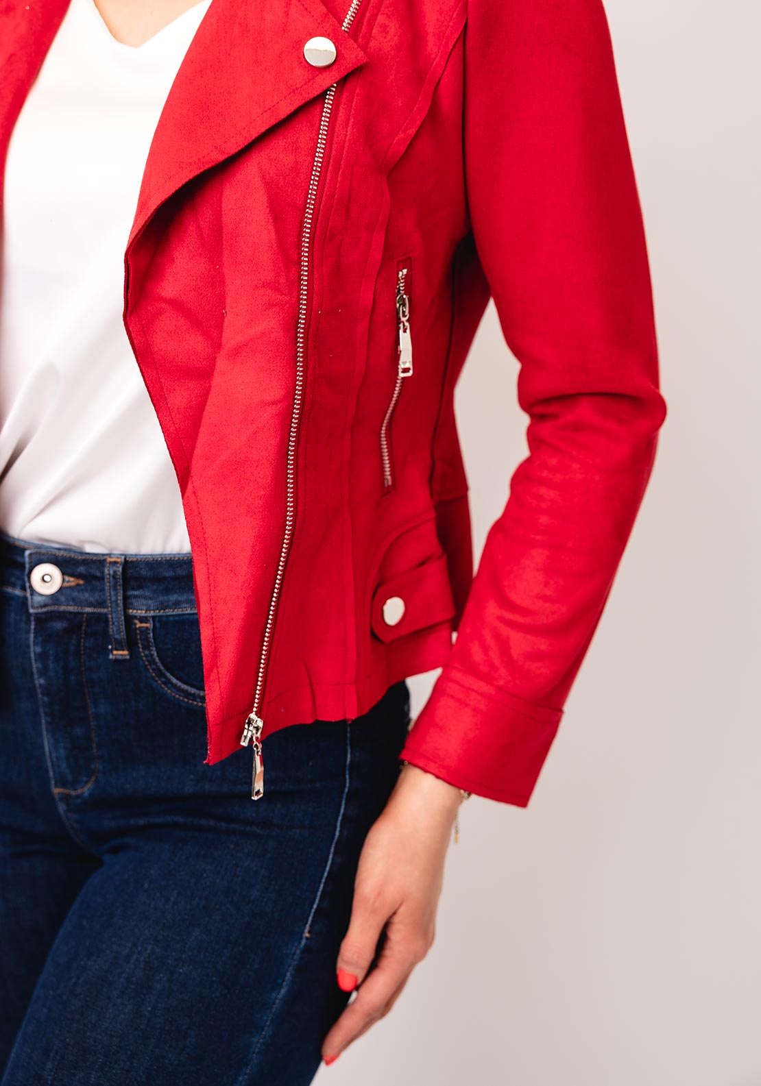 Serafina Collection Faux Suede Short Biker Jacket, Red