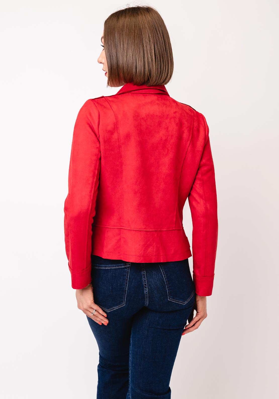 Serafina Collection Faux Suede Short Biker Jacket, Red
