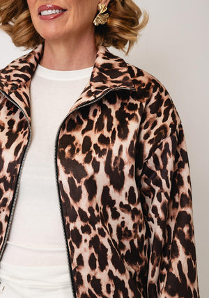 Serafina Collection Leopard Print Zip Up Jacket, Beige Multi