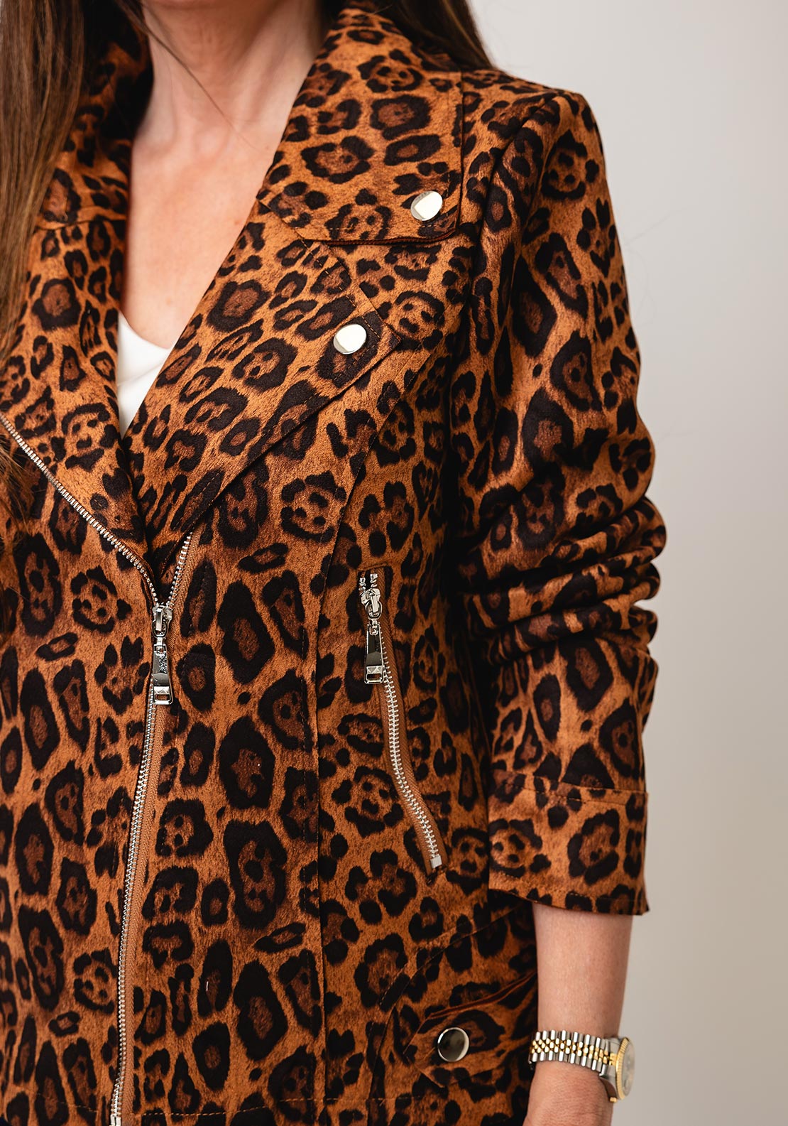 Serafina Collection Faux Suede Leopard Biker Jacket, Brown
