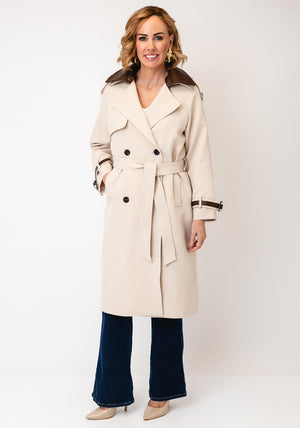 Serafina Collection Faux Leather Detail Trench Coat, Beige