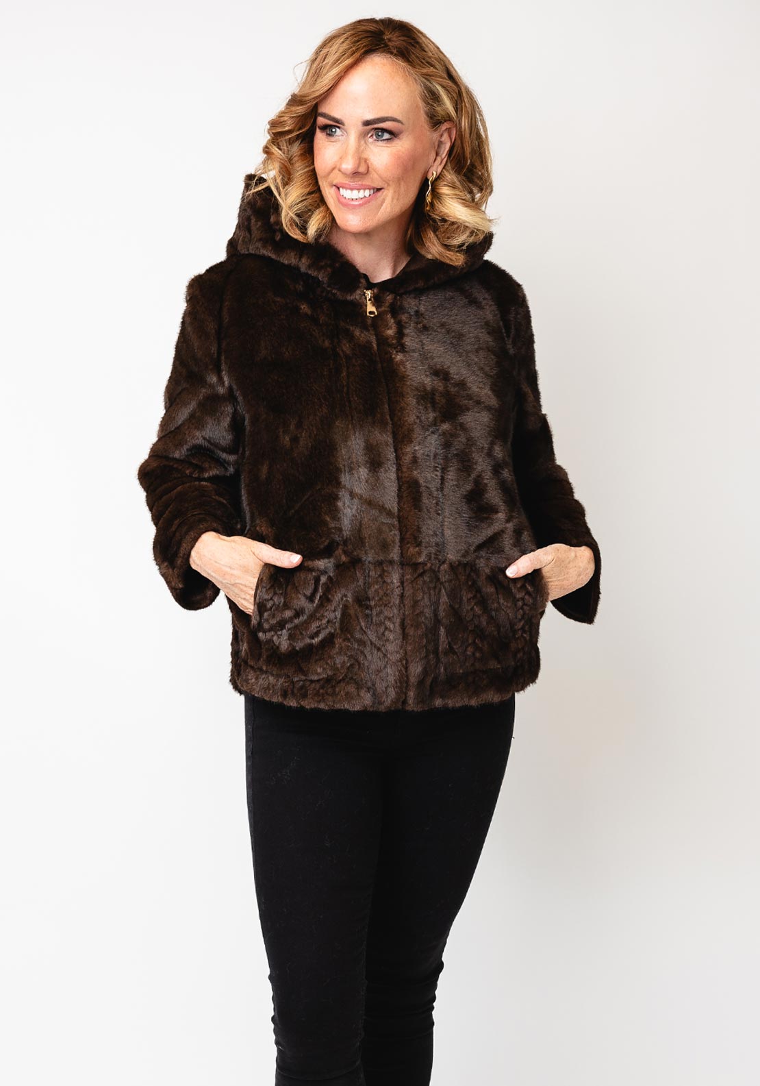 Serafina Collection Faux Fur Hooded Coat, Brown
