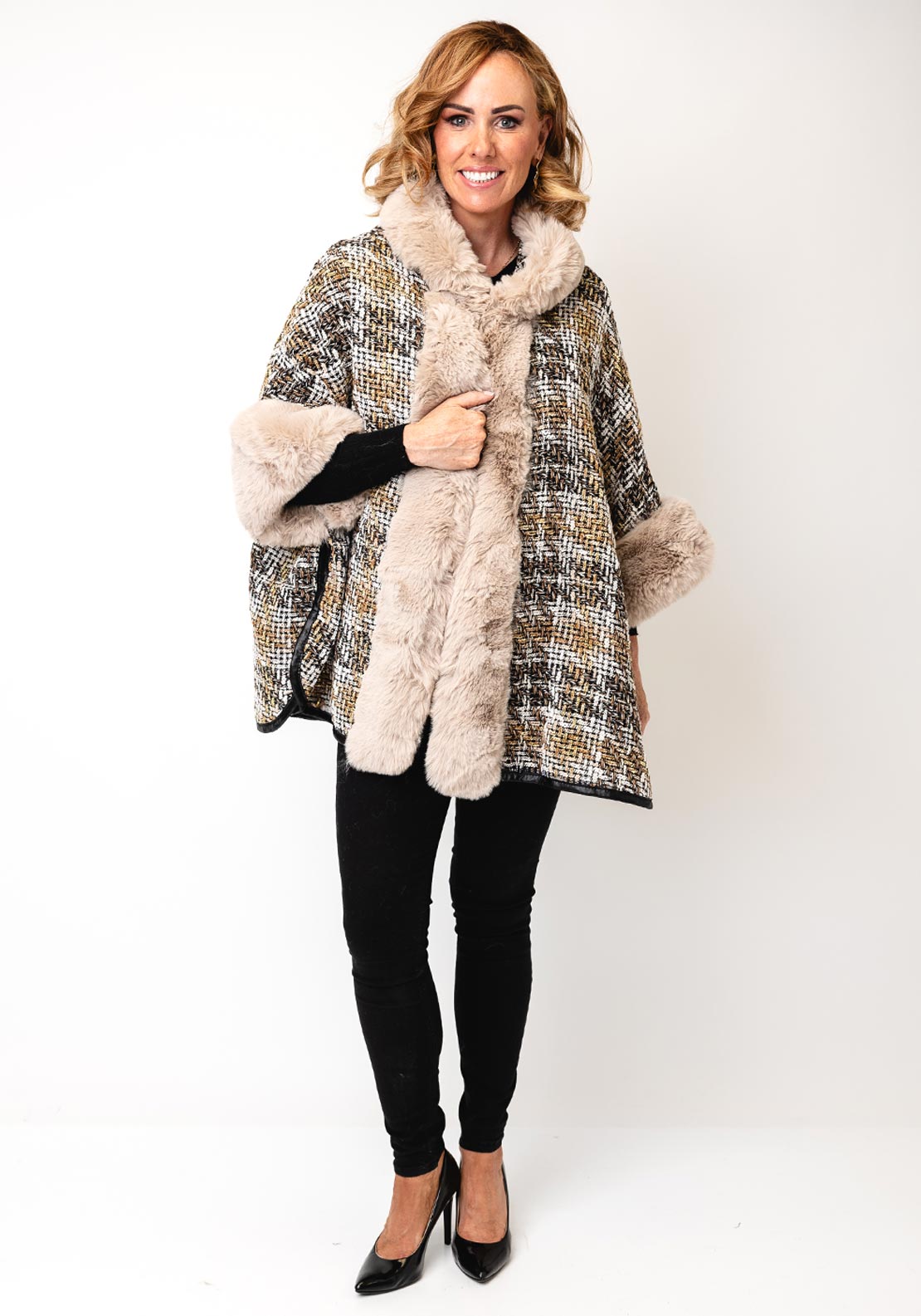Serafina Collection One Size Hooded Lurex Tweed Faux Fur Cape, Beige