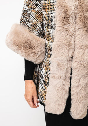 Serafina Collection One Size Hooded Lurex Tweed Faux Fur Cape, Beige