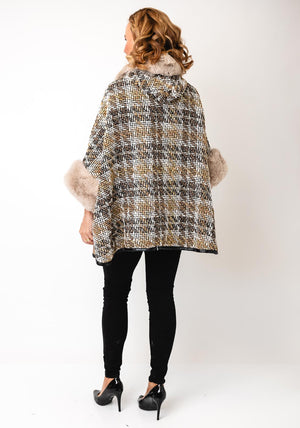 Serafina Collection One Size Hooded Lurex Tweed Faux Fur Cape, Beige