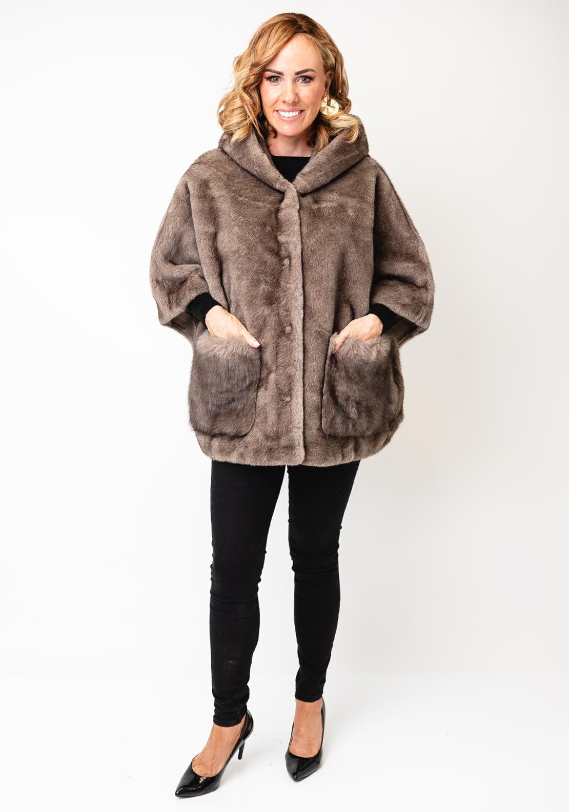 Serafina Collection Faux Fur Hooded Cape, Taupe