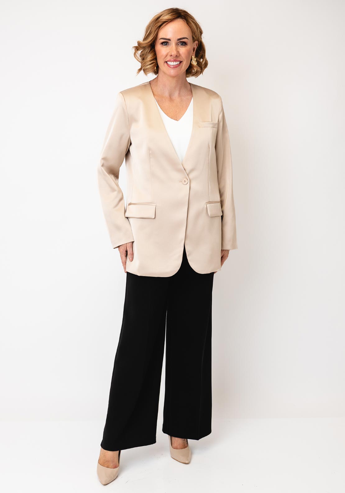Serafina Collection Satin Blazer and Scarf, Beige