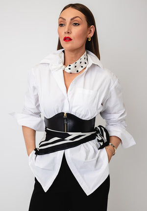 Serafina Collection Magnetic Pearl Polka Dot Print Neck Scarf, White