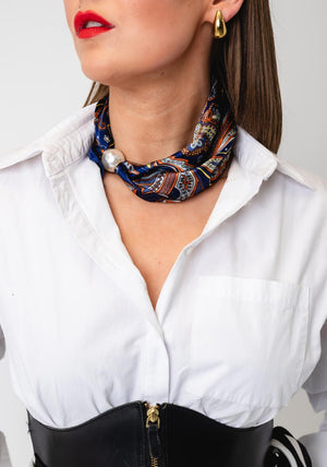 Serafina Collection Magnetic Pearl Paisley Print Neck Scarf, Navy Multi