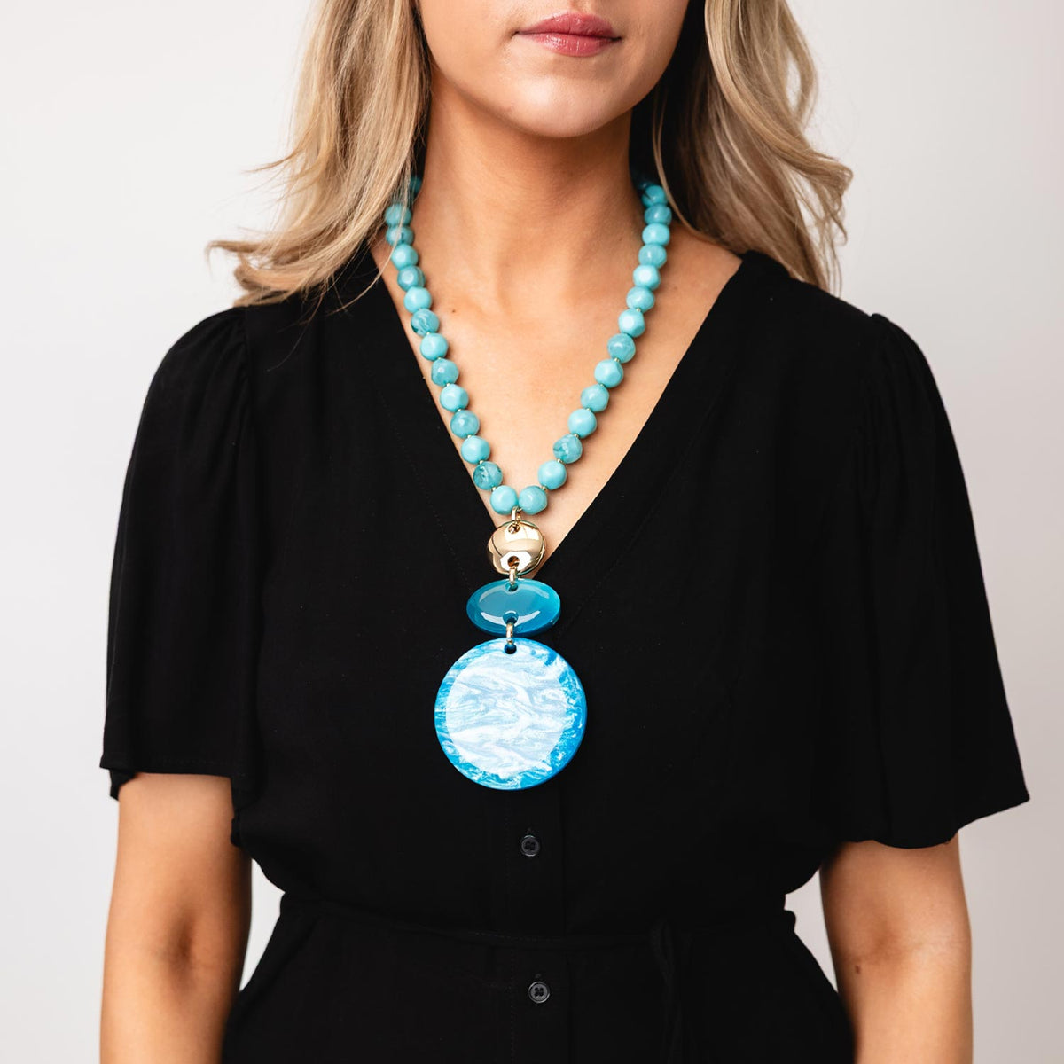 Serafina Collection Beaded Disc Pendent Necklace, Teal Blue