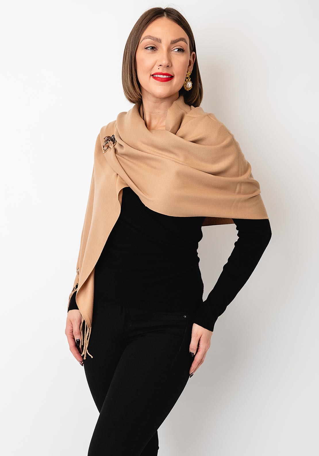Serafina Collection Cashmere Blend Pashmina and Brooch, Camel