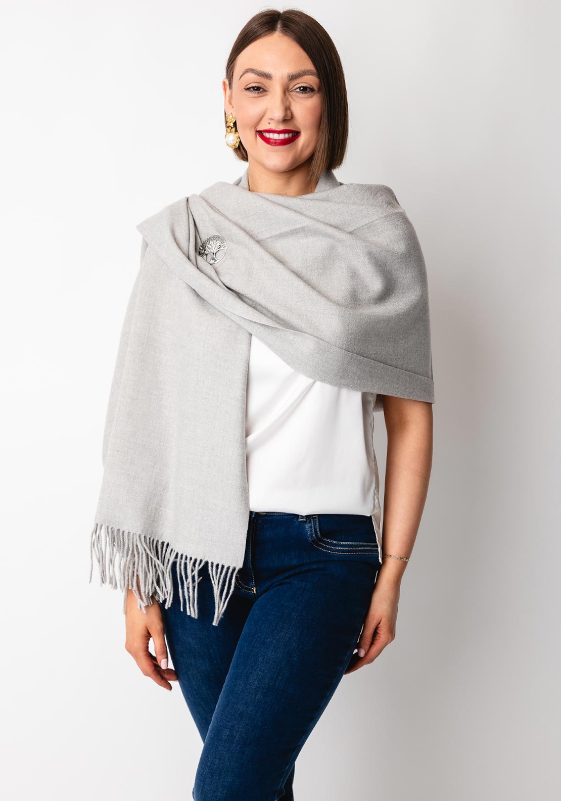Serafina Collection Scarf and Brooch Gift Set, Grey