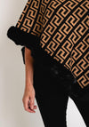 Serafina Collection One Size Greek Key Fur Trim Poncho, Tan