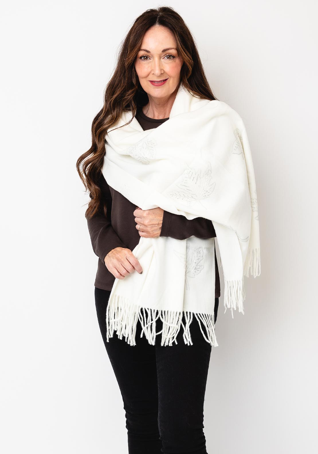 Serafina Collection Leaf  Imprinted  Wool Pashmina, White