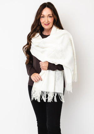 Serafina Collection Leaf  Imprinted  Wool Pashmina, White