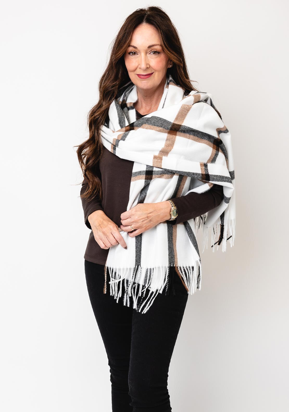 Serafina Collection Checked  Print Wool Pashmina, Ecru