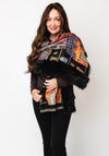 Serafina Collection Landscape Print Fur Trim Pashmina, Black