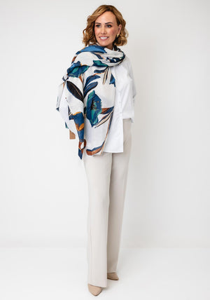 Serafina Collection Floral Print with Gold Jacquard Detail Scarf, Beige Multi