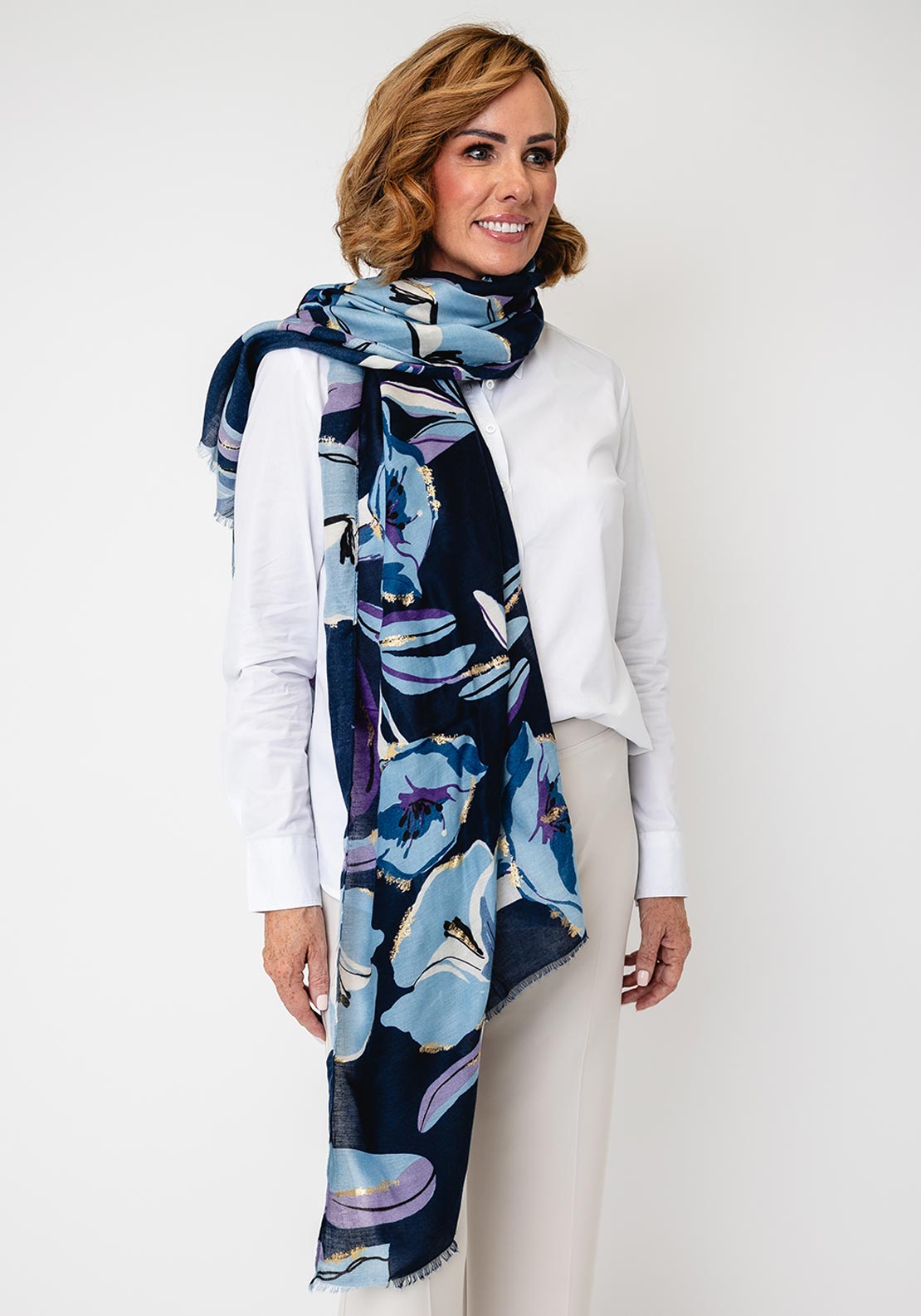Serafina Collection Floral Print with Gold Jacquard Detail Scarf, Blue Multi